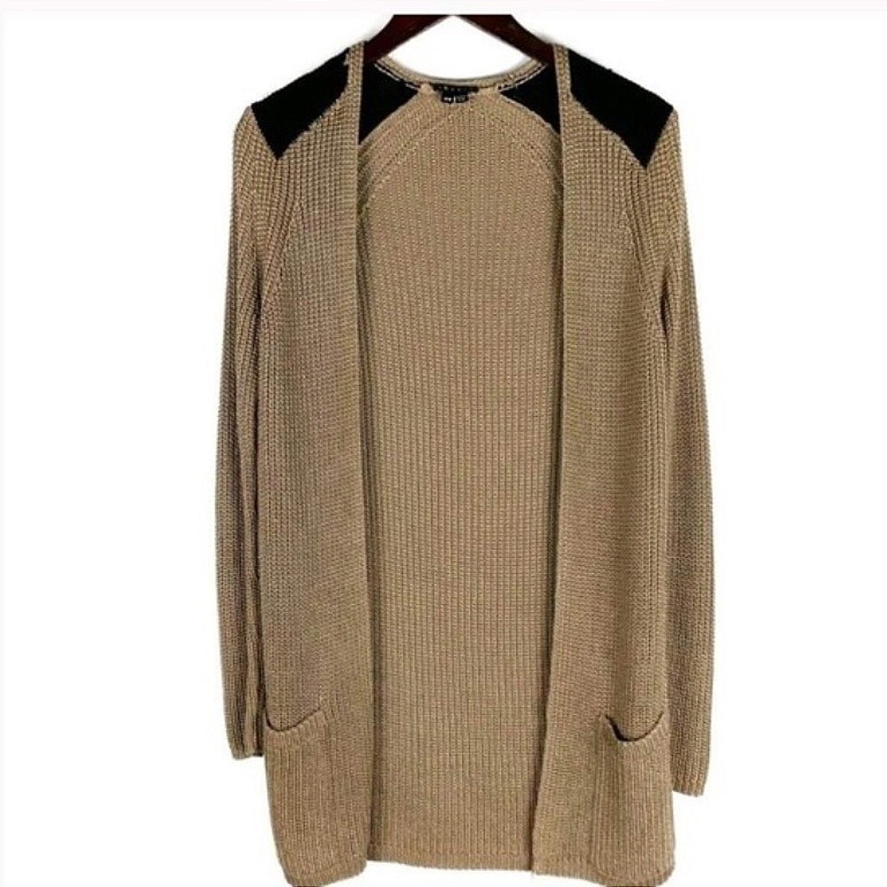 Theory Cardigan Women‎ M Silk Taupe Black Scotia B Chunky Knit Luxury Sweater